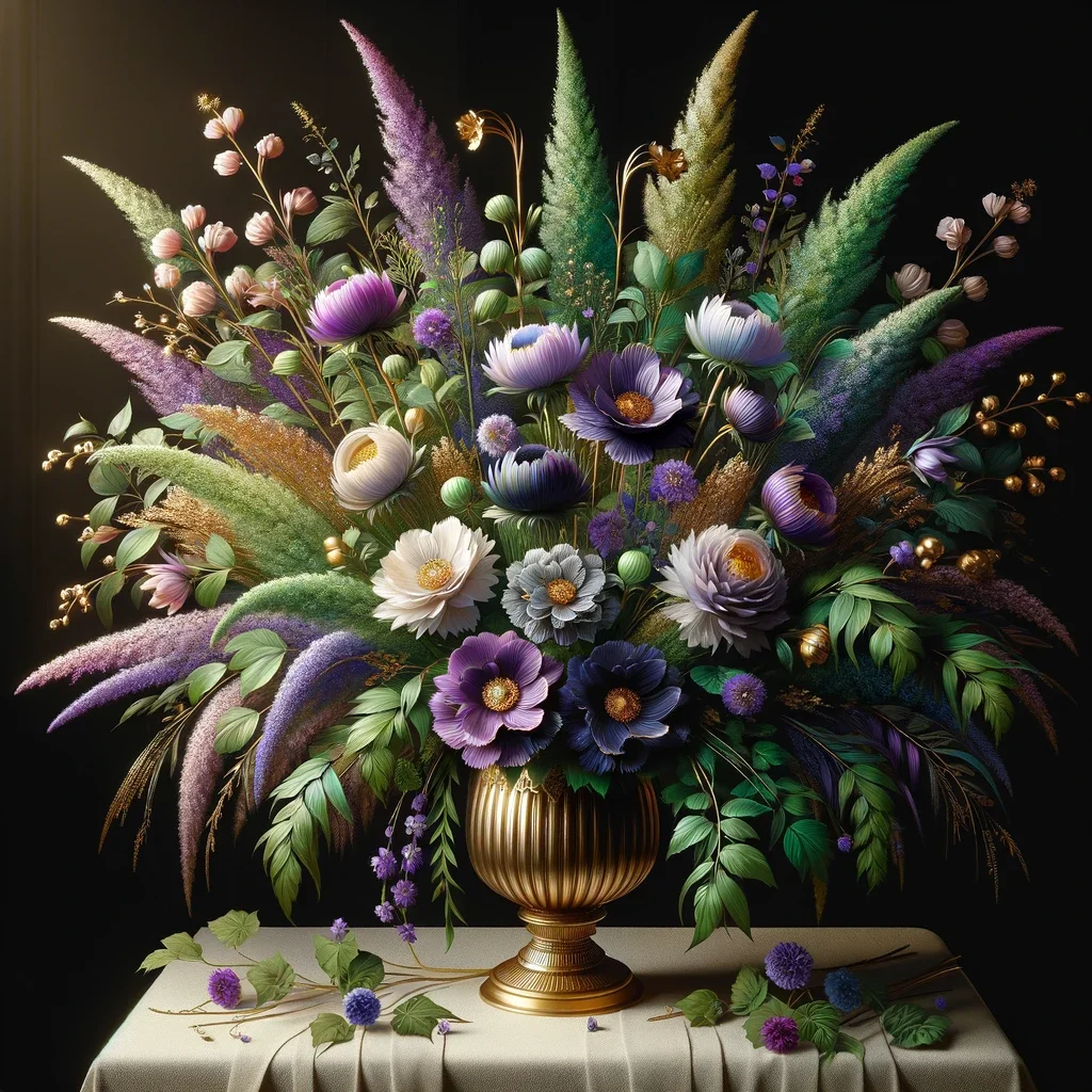 Purple-themed floral arrangement with rich tones
